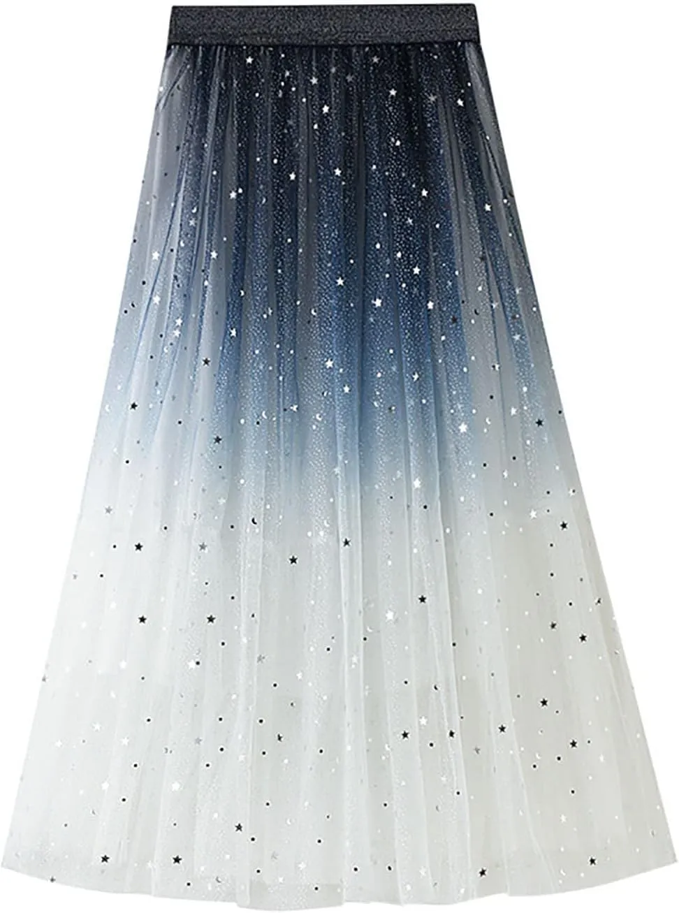 Fashion Women Summer Gradient Color Tulle Skirt High Waist Pleated Long Women Midi Skirts with Pockets Belt