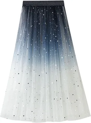 Fashion Women Summer Gradient Color Tulle Skirt High Waist Pleated Long Women Midi Skirts with Pockets Belt