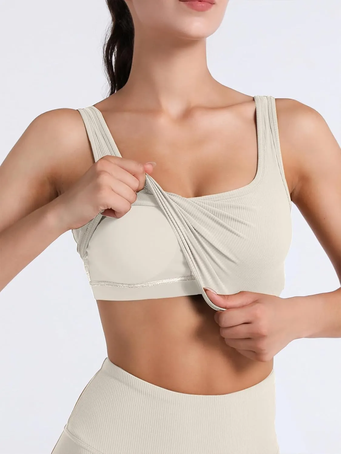FelFory Longline Sports Bra Ribbed Tank Top for Women Medium Support Workout Tops Sport Bra Padded Crop Top Fitness Yoga