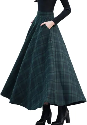 Femiserah Women's Long Maxi Woolen A Line Skirt Autumn Winter Plaid Skirt