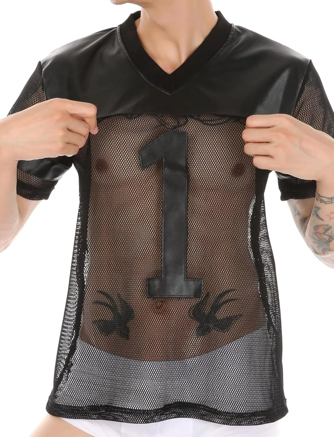 FEOYA See Through Fishnet Top Mesh T Shirts for Men Transparent Pu Tee Round Neck Long Short Sleeve Party Club Top