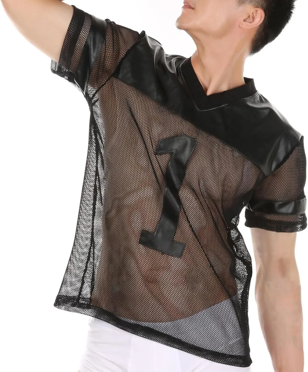 FEOYA See Through Fishnet Top Mesh T Shirts for Men Transparent Pu Tee Round Neck Long Short Sleeve Party Club Top