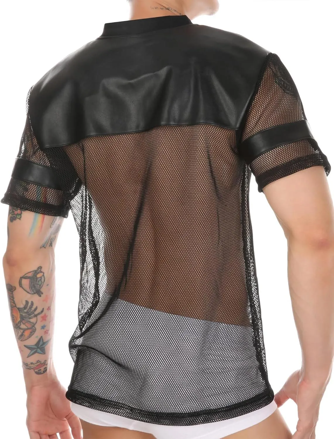 FEOYA See Through Fishnet Top Mesh T Shirts for Men Transparent Pu Tee Round Neck Long Short Sleeve Party Club Top
