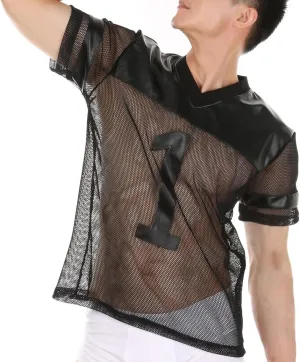 FEOYA See Through Fishnet Top Mesh T Shirts for Men Transparent Pu Tee Round Neck Long Short Sleeve Party Club Top