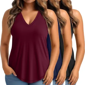 Ficerd 3 Pack Plus Size Women's Tank Top Deep V Neck Summer Shirt Cotton Loose Fit Top Sleeveless Casual Workout Shirts