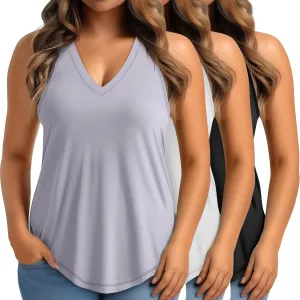 Ficerd 3 Pack Plus Size Women's Tank Top Deep V Neck Summer Shirt Cotton Loose Fit Top Sleeveless Casual Workout Shirts