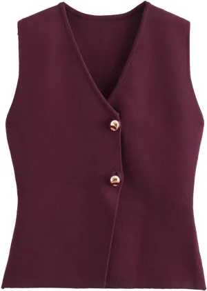 FindThy Womens Cropped Knit Vest V Neck Button Up Solid Color Sleeveless Gilet Tank Tops