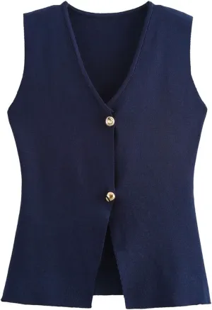 FindThy Womens Cropped Knit Vest V Neck Button Up Solid Color Sleeveless Gilet Tank Tops