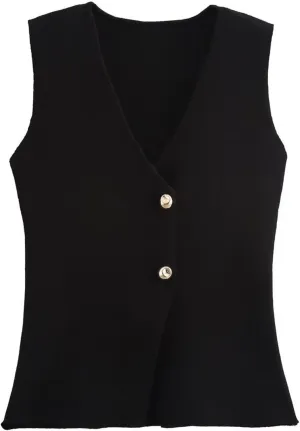 FindThy Womens Cropped Knit Vest V Neck Button Up Solid Color Sleeveless Gilet Tank Tops