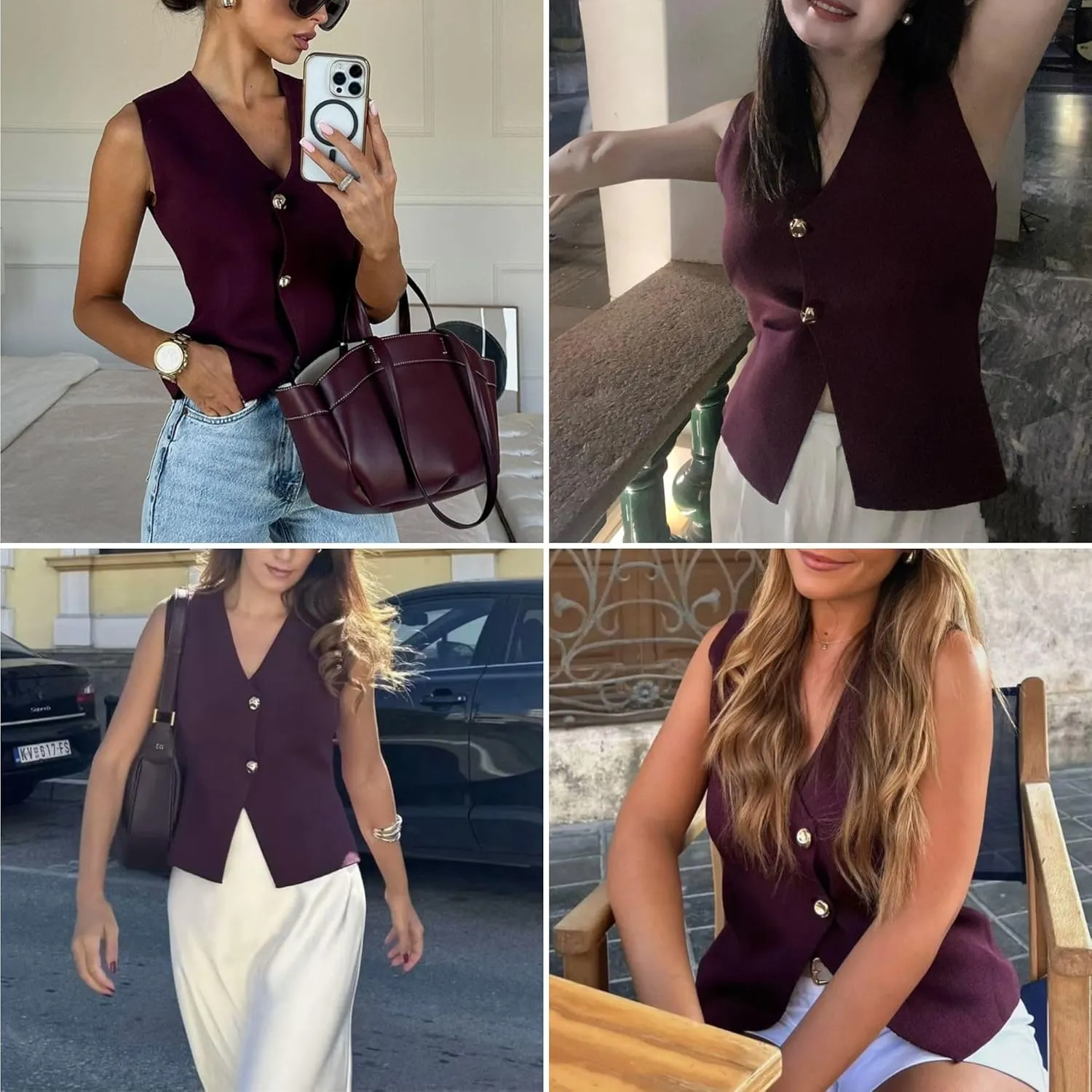 FindThy Womens Cropped Knit Vest V Neck Button Up Solid Color Sleeveless Gilet Tank Tops