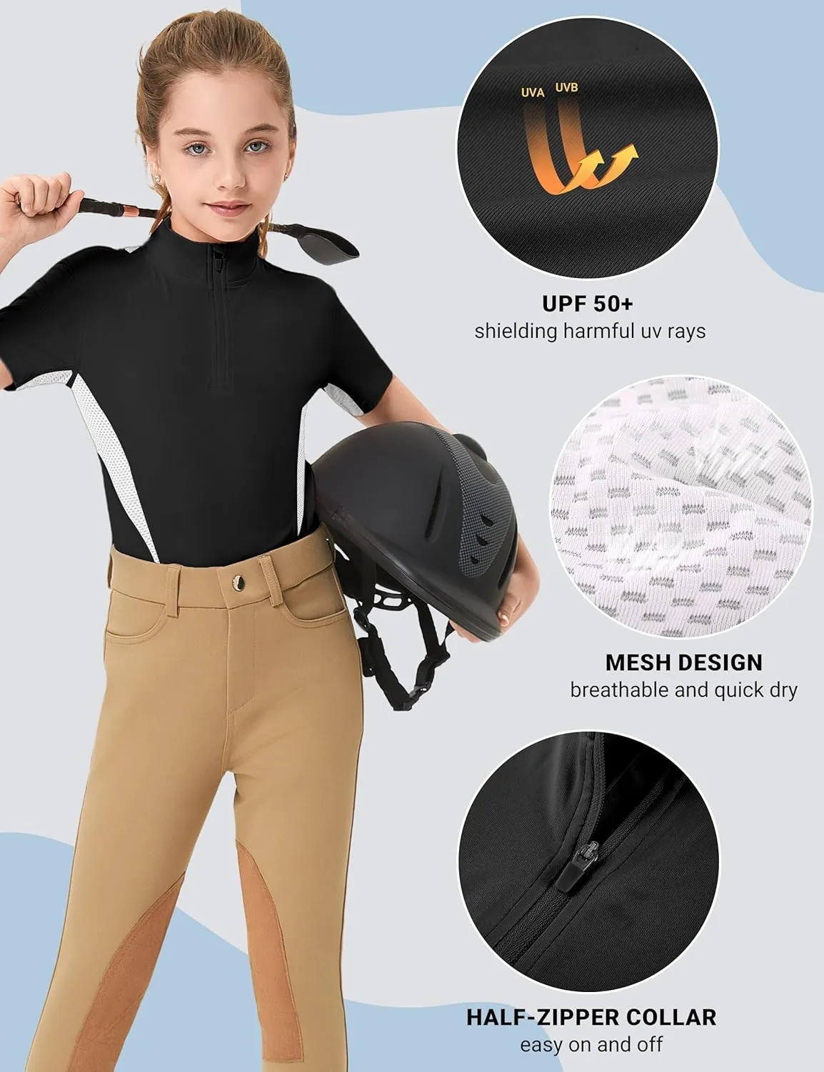 FitsT4 Sports Girls Short Sleeve Equestrian Shirt Quick Dry Horse Riding Shirts Half Zip Horseback Show Shirt