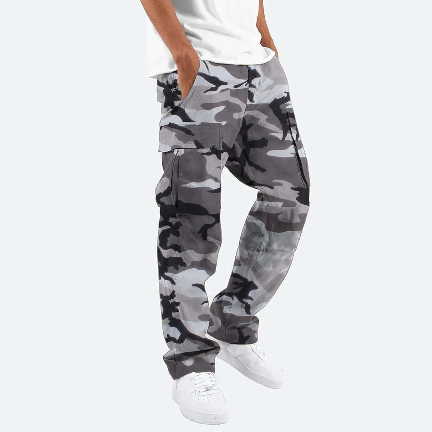 Fleece Pants for Men Men's Casual Camouflage Print Cargo Pants Drawstring Stretch Elastic Winter Warm Thick Track