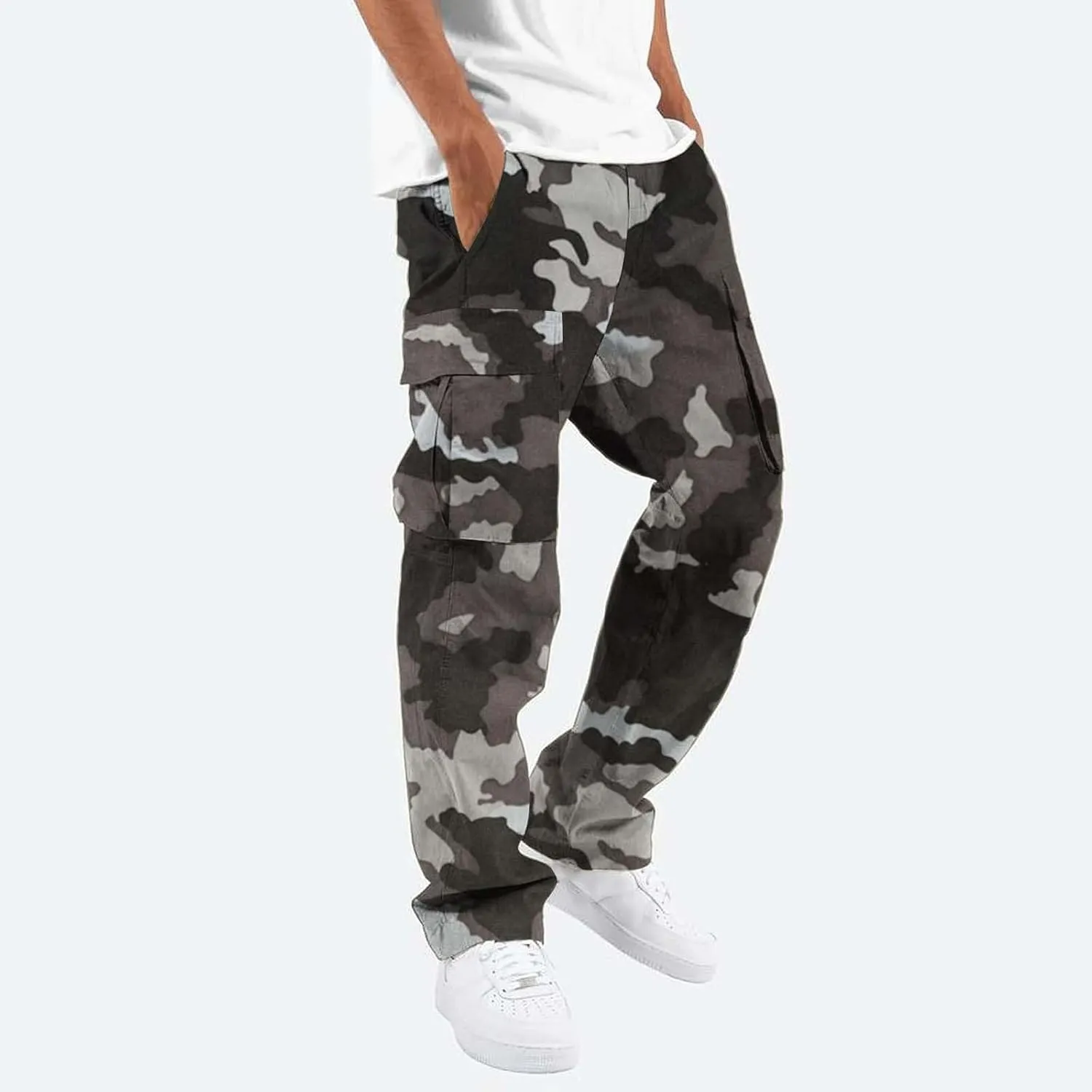 Fleece Pants for Men Men's Casual Camouflage Print Cargo Pants Drawstring Stretch Elastic Winter Warm Thick Track
