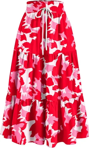 Floral Maxi Skirt for Women Summer Comfy Tiered Elastic High Waisted Skirts Vacation A-Line Flowy Swing Long Skirt