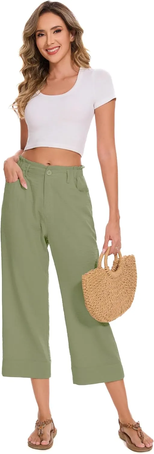 FUNYYZO Women Summer Capri Pants Trousers Pants Drawstring Waist Wide Leg Casual Loose Fit Dressy Pants