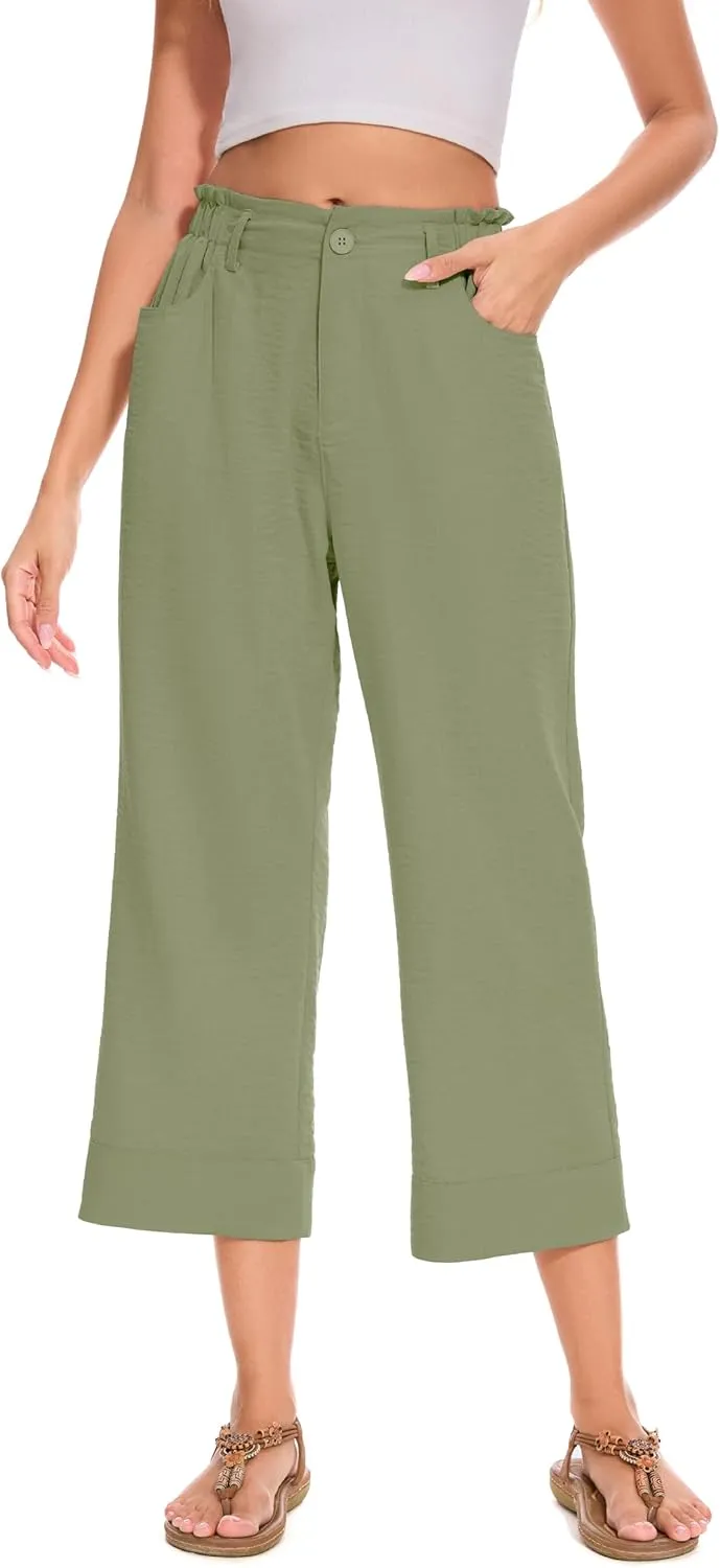 FUNYYZO Women Summer Capri Pants Trousers Pants Drawstring Waist Wide Leg Casual Loose Fit Dressy Pants