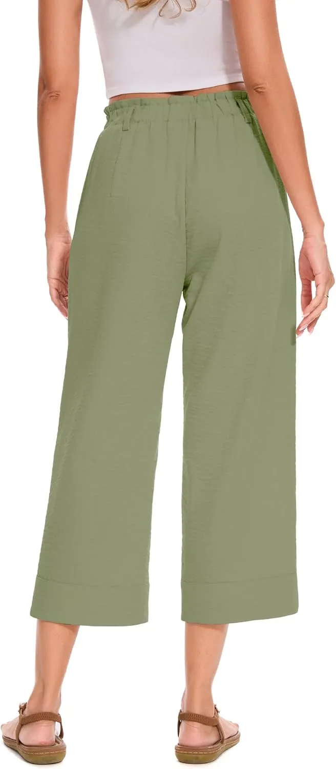 FUNYYZO Women Summer Capri Pants Trousers Pants Drawstring Waist Wide Leg Casual Loose Fit Dressy Pants