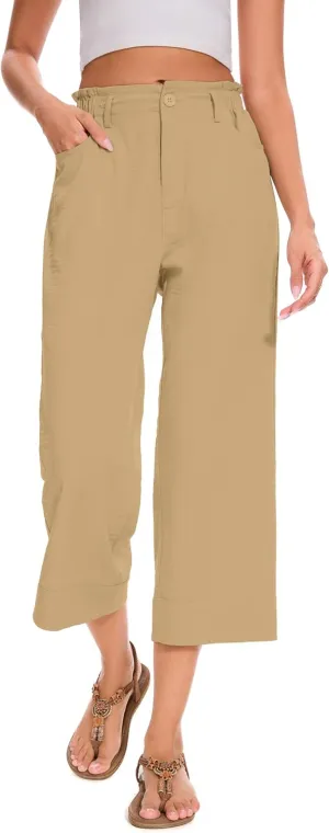 FUNYYZO Women Summer Capri Pants Trousers Pants Drawstring Waist Wide Leg Casual Loose Fit Dressy Pants