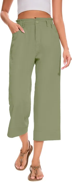 FUNYYZO Women Summer Capri Pants Trousers Pants Drawstring Waist Wide Leg Casual Loose Fit Dressy Pants
