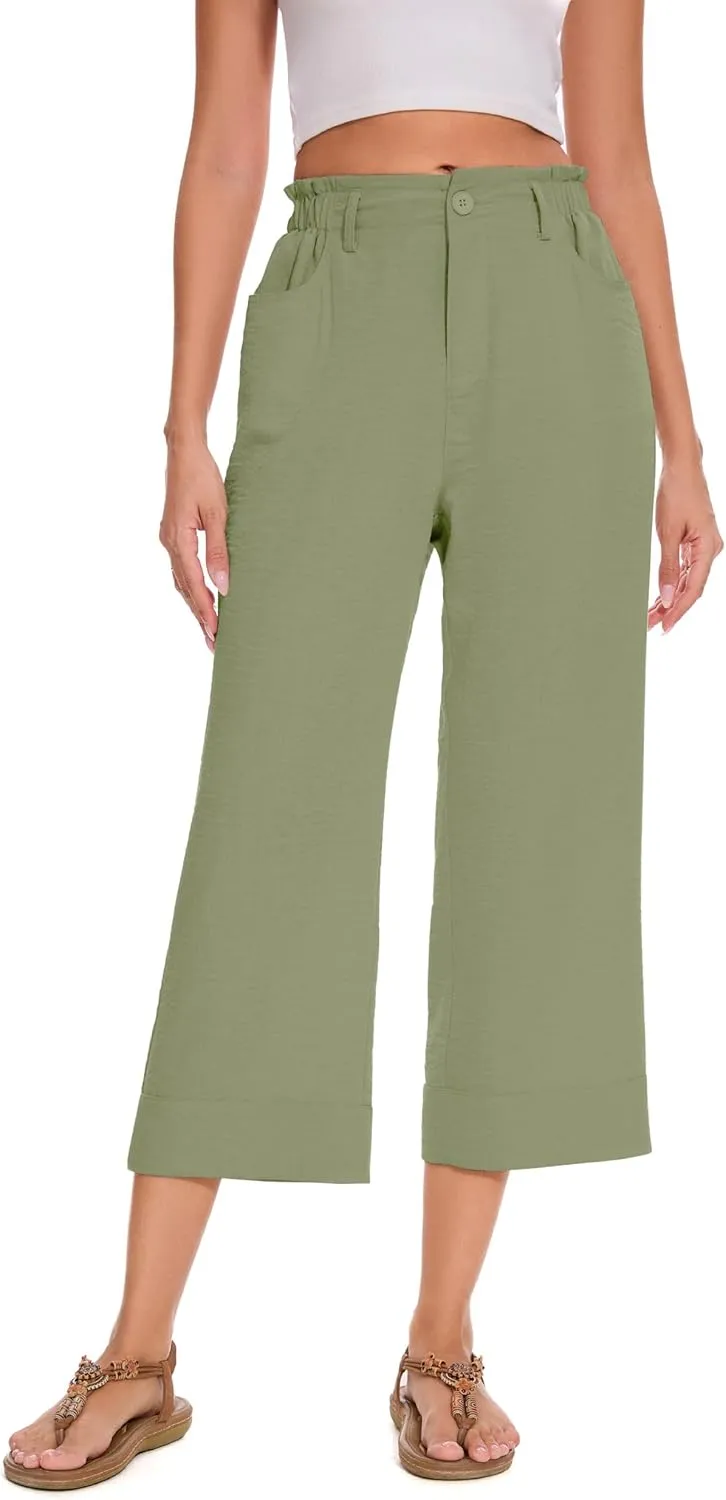 FUNYYZO Women Summer Capri Pants Trousers Pants Drawstring Waist Wide Leg Casual Loose Fit Dressy Pants