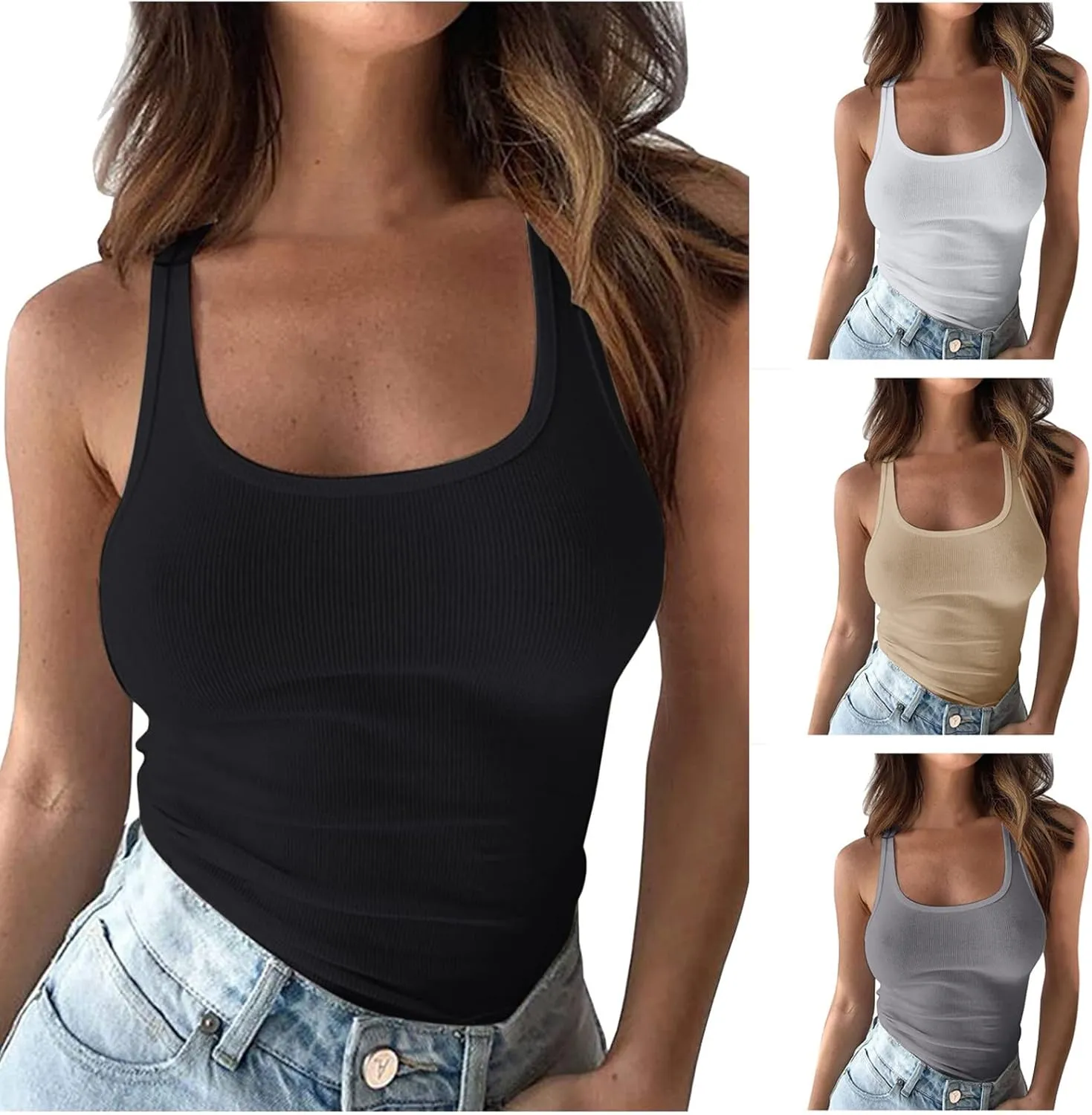 FZYLQY Tank Tops for Women 2025 Camisole Tops Scoop Neck Ribbed Knit Tank Top Spaghetti Strap Top Slim Fit Sleeveless Shirts