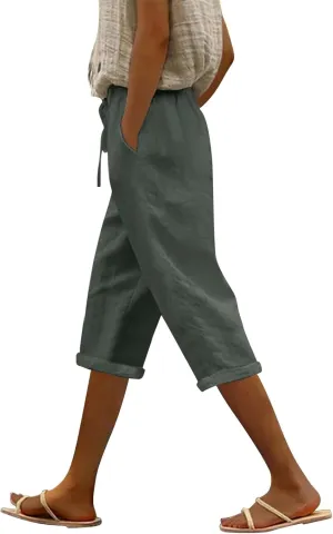 Gauze Beach Pants for Women Cotton Linen Elastic Seven Pants Beach Casual Loose Fit Drawstring Trousers with Pockets