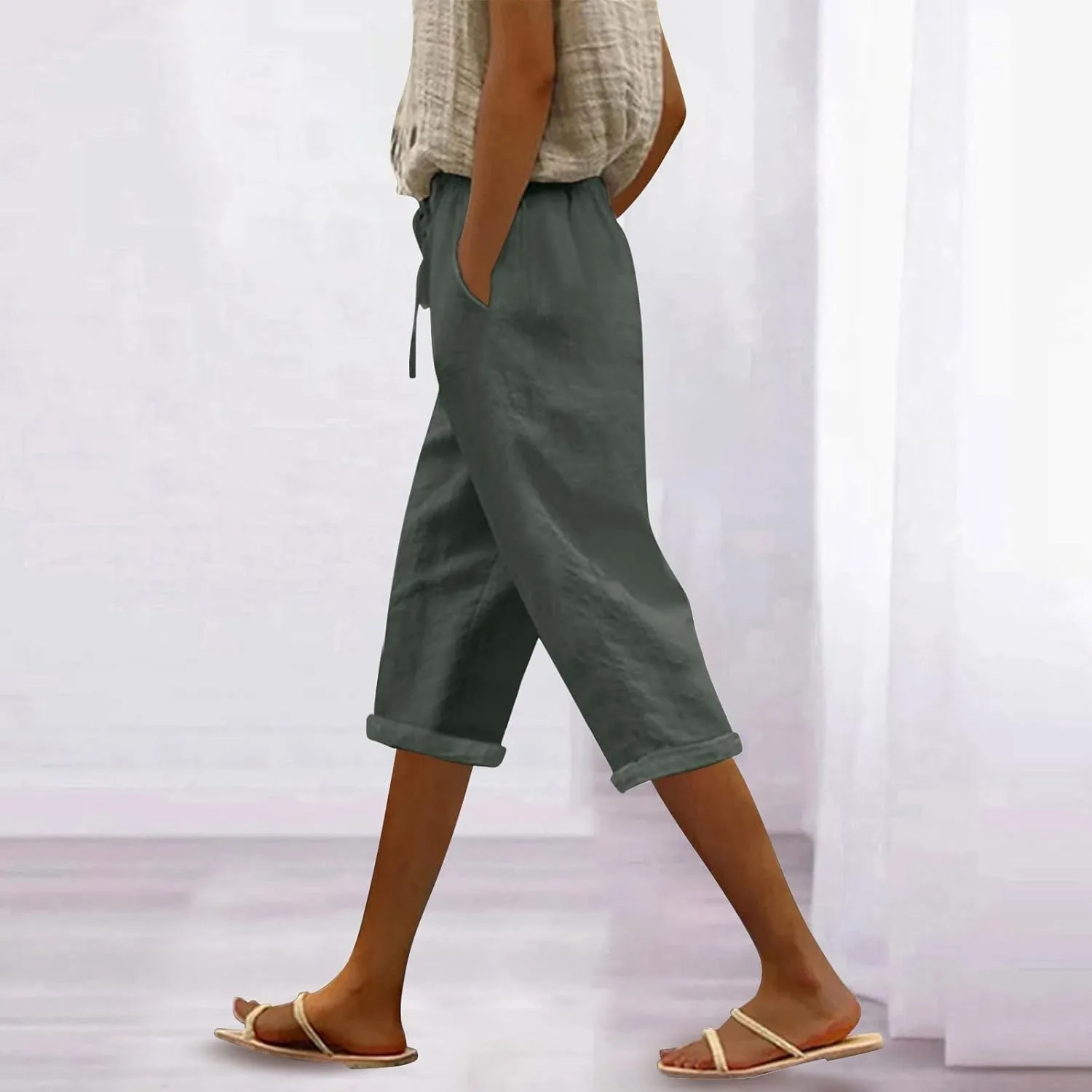 Gauze Beach Pants for Women Cotton Linen Elastic Seven Pants Beach Casual Loose Fit Drawstring Trousers with Pockets