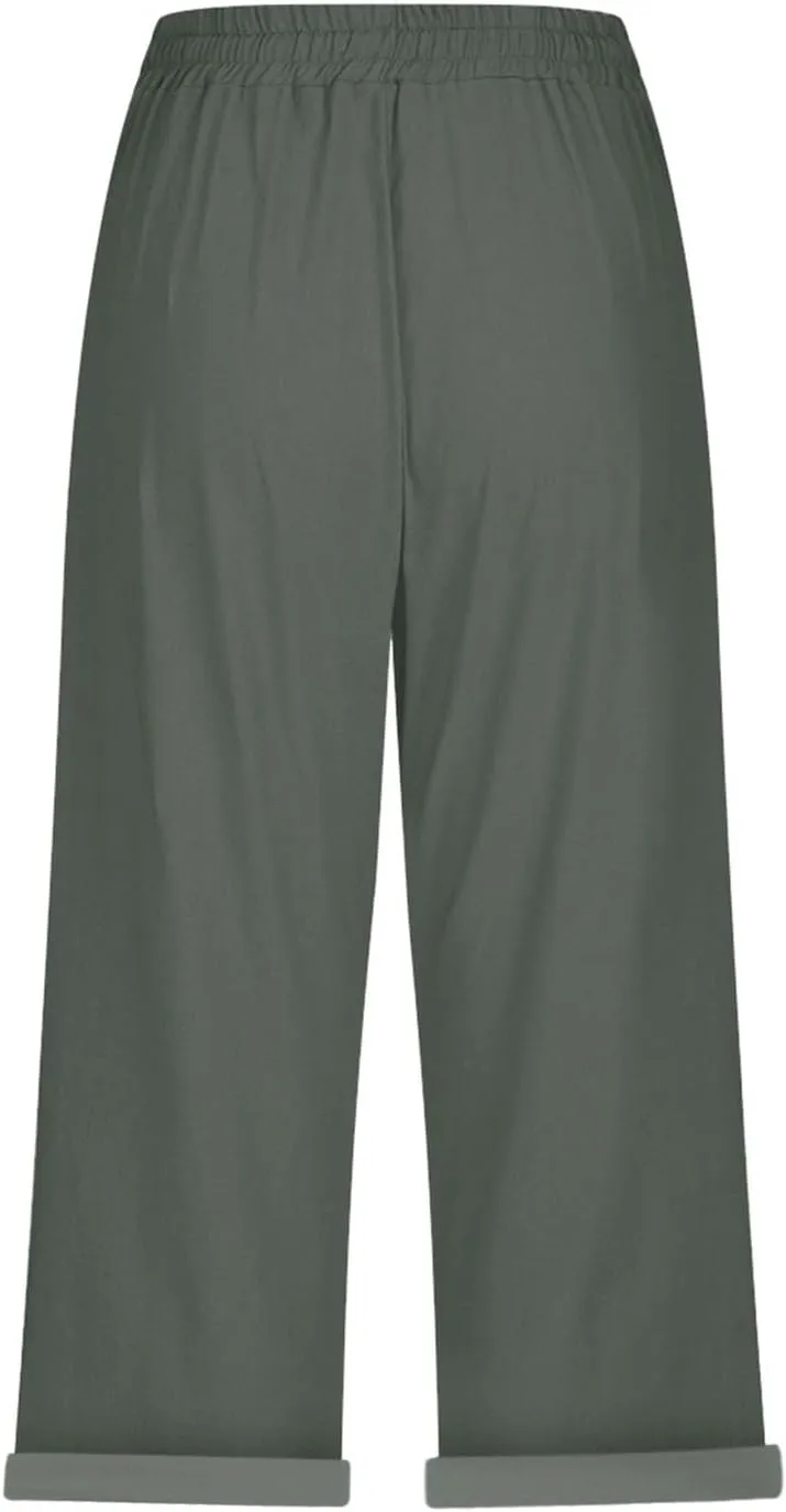 Gauze Beach Pants for Women Cotton Linen Elastic Seven Pants Beach Casual Loose Fit Drawstring Trousers with Pockets