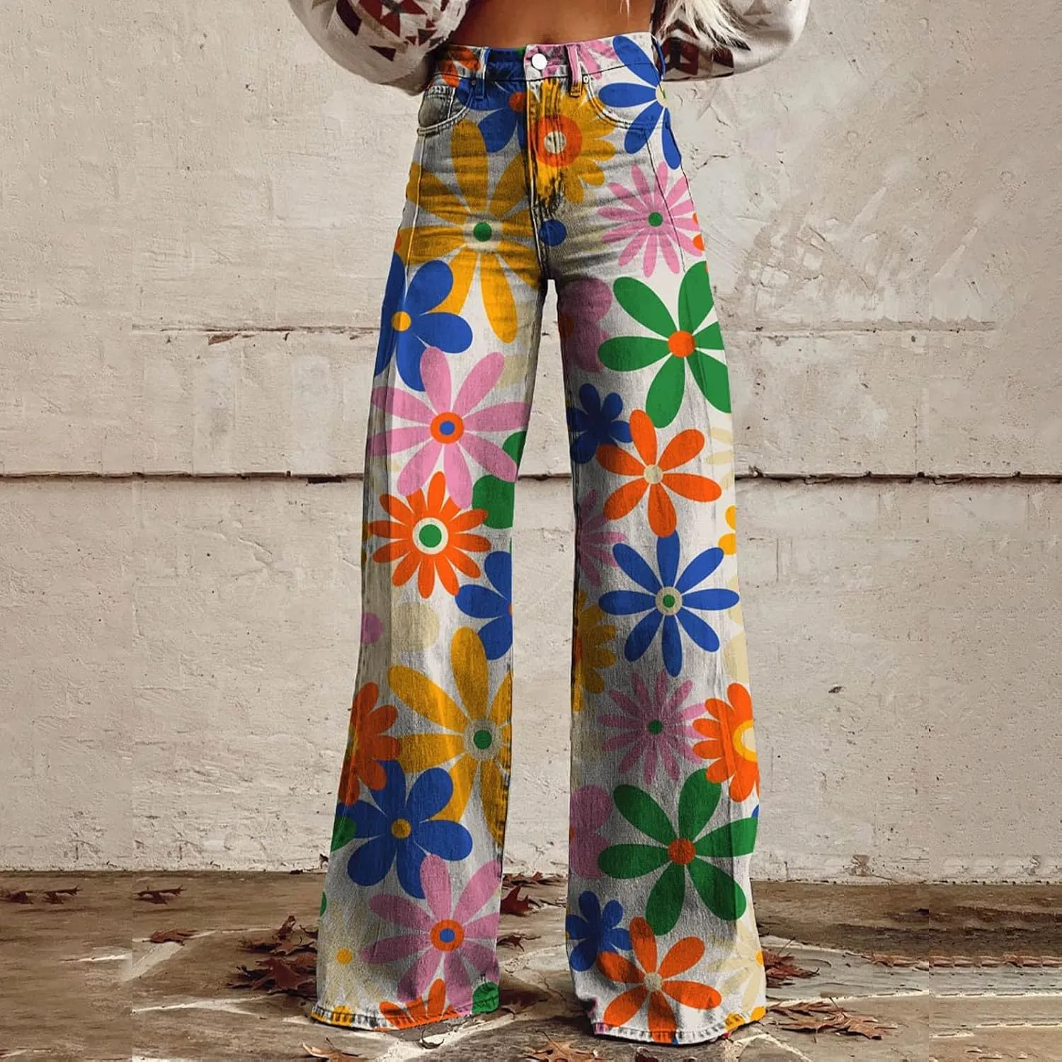 GOKKILRW Wide Leg Pants Woman High Waist Floral Patterned Pants Lightweight Loose Fit Casual Colorful Trouser Imitation Jeans