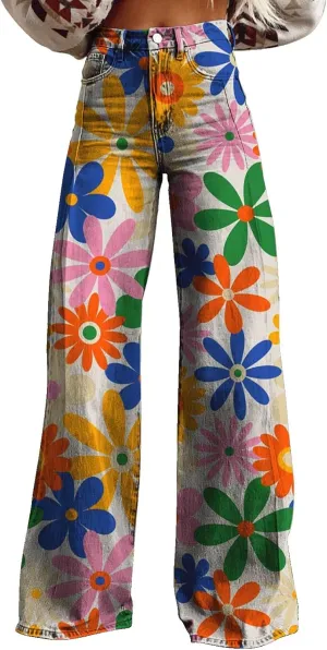 GOKKILRW Wide Leg Pants Woman High Waist Floral Patterned Pants Lightweight Loose Fit Casual Colorful Trouser Imitation Jeans