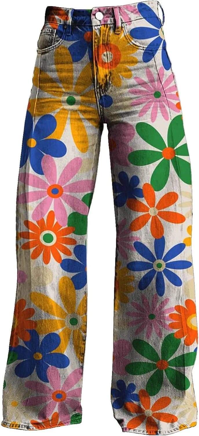 GOKKILRW Wide Leg Pants Woman High Waist Floral Patterned Pants Lightweight Loose Fit Casual Colorful Trouser Imitation Jeans