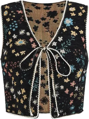 GORGLITTER Women's Sleeveless Western Rodeo Country Concert Cowgirl Outfit Tie Front Cardigan Vest Top Casual Trendy