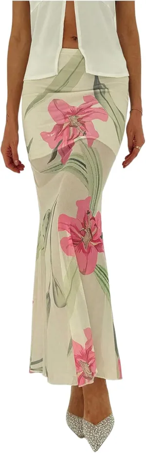 GORGLITTER Women's Vacation Floral Skirt Sheer Mesh Low Waist Bodycon Maxi Skirts
