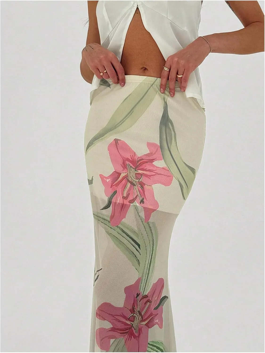 GORGLITTER Women's Vacation Floral Skirt Sheer Mesh Low Waist Bodycon Maxi Skirts