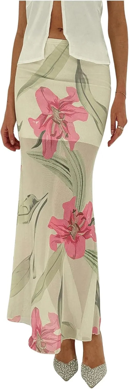 GORGLITTER Women's Vacation Floral Skirt Sheer Mesh Low Waist Bodycon Maxi Skirts