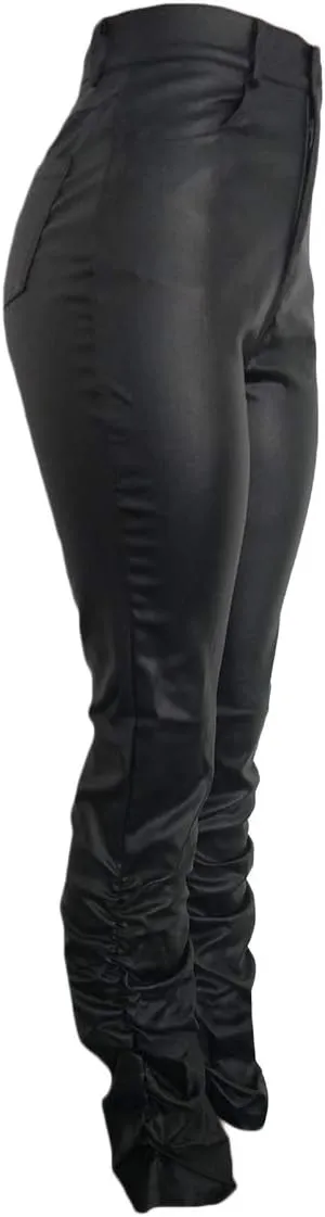 GUOLEZEEV PU Solid Middle High Waist Stacked Pants for Women Faux Leather Ruffle Ruched Bottom Leggings Pants