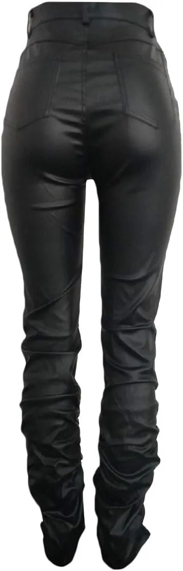 GUOLEZEEV PU Solid Middle High Waist Stacked Pants for Women Faux Leather Ruffle Ruched Bottom Leggings Pants