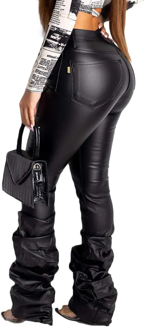 GUOLEZEEV PU Solid Middle High Waist Stacked Pants for Women Faux Leather Ruffle Ruched Bottom Leggings Pants