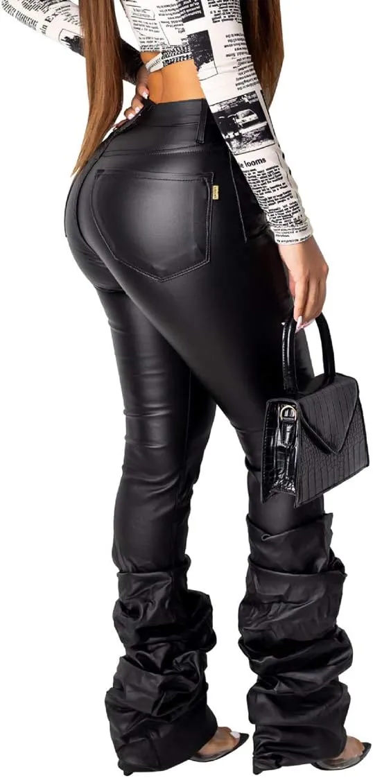 GUOLEZEEV PU Solid Middle High Waist Stacked Pants for Women Faux Leather Ruffle Ruched Bottom Leggings Pants