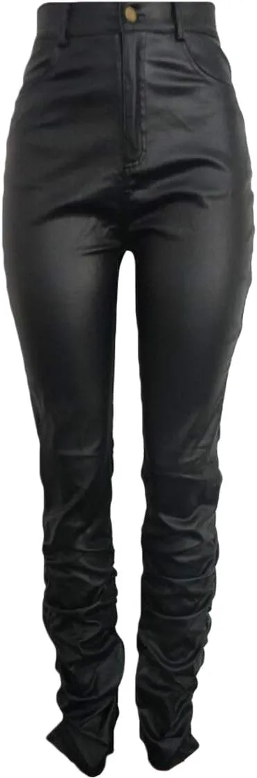 GUOLEZEEV PU Solid Middle High Waist Stacked Pants for Women Faux Leather Ruffle Ruched Bottom Leggings Pants
