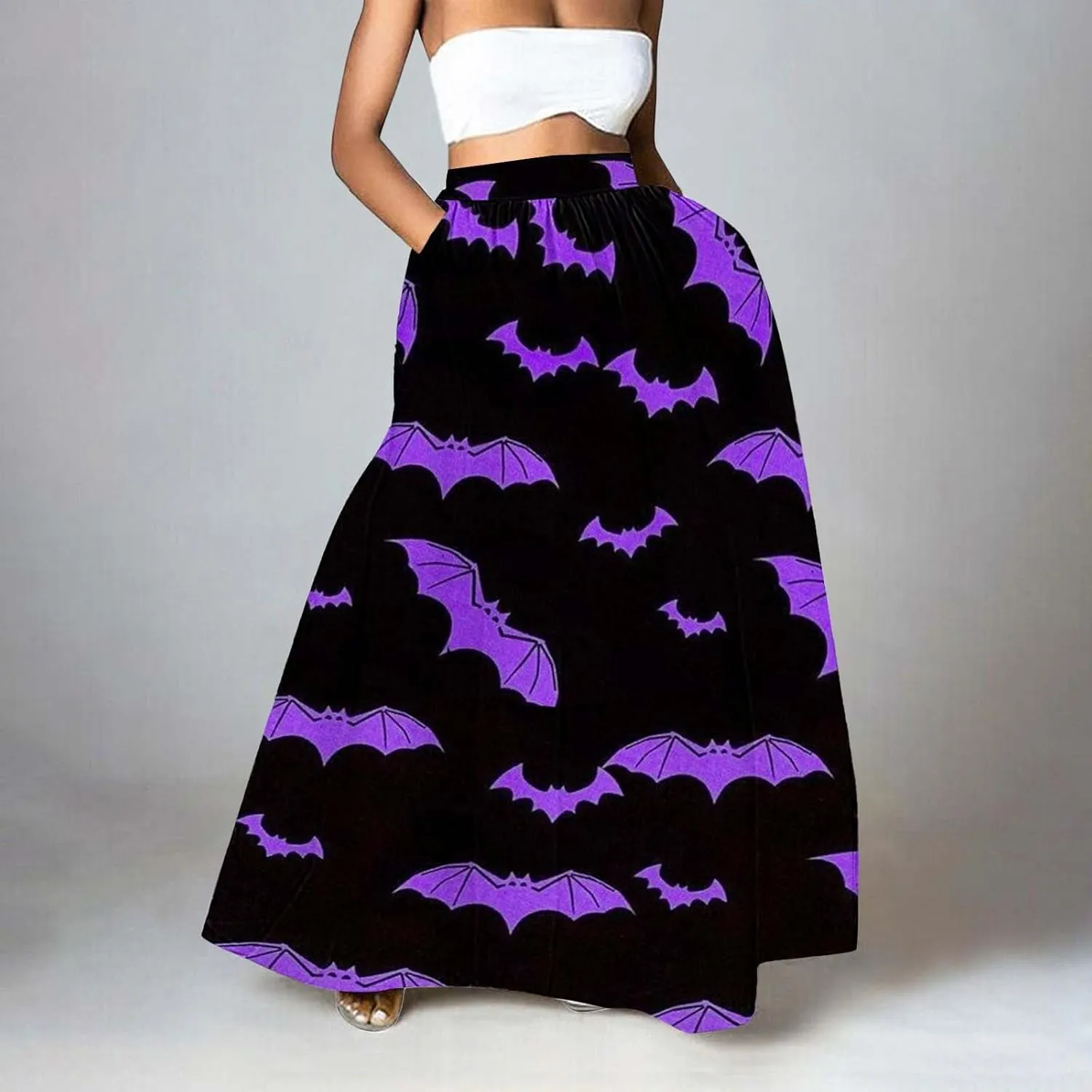 Halloween bat Pattern Skirts Waist Party Beach Pocket Long Maxi Skirt Fluffy Skirt Tulle Skirts for Women Black