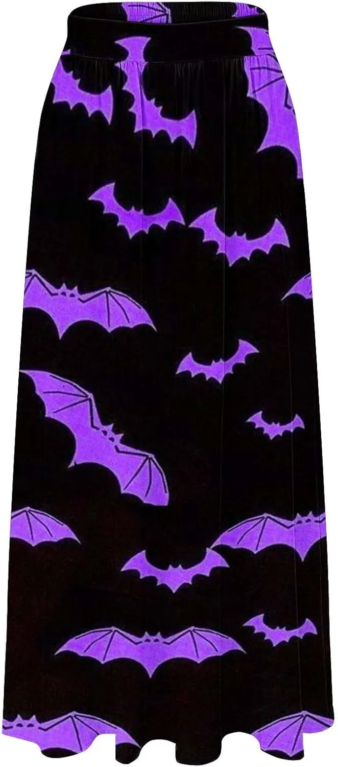 Halloween bat Pattern Skirts Waist Party Beach Pocket Long Maxi Skirt Fluffy Skirt Tulle Skirts for Women Black