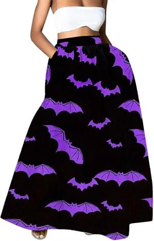Halloween bat Pattern Skirts Waist Party Beach Pocket Long Maxi Skirt Fluffy Skirt Tulle Skirts for Women Black