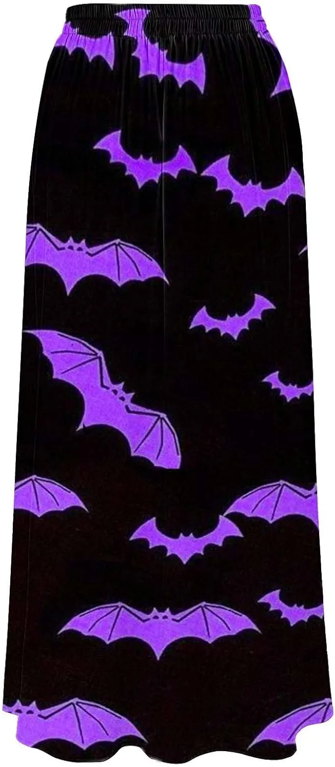 Halloween bat Pattern Skirts Waist Party Beach Pocket Long Maxi Skirt Fluffy Skirt Tulle Skirts for Women Black