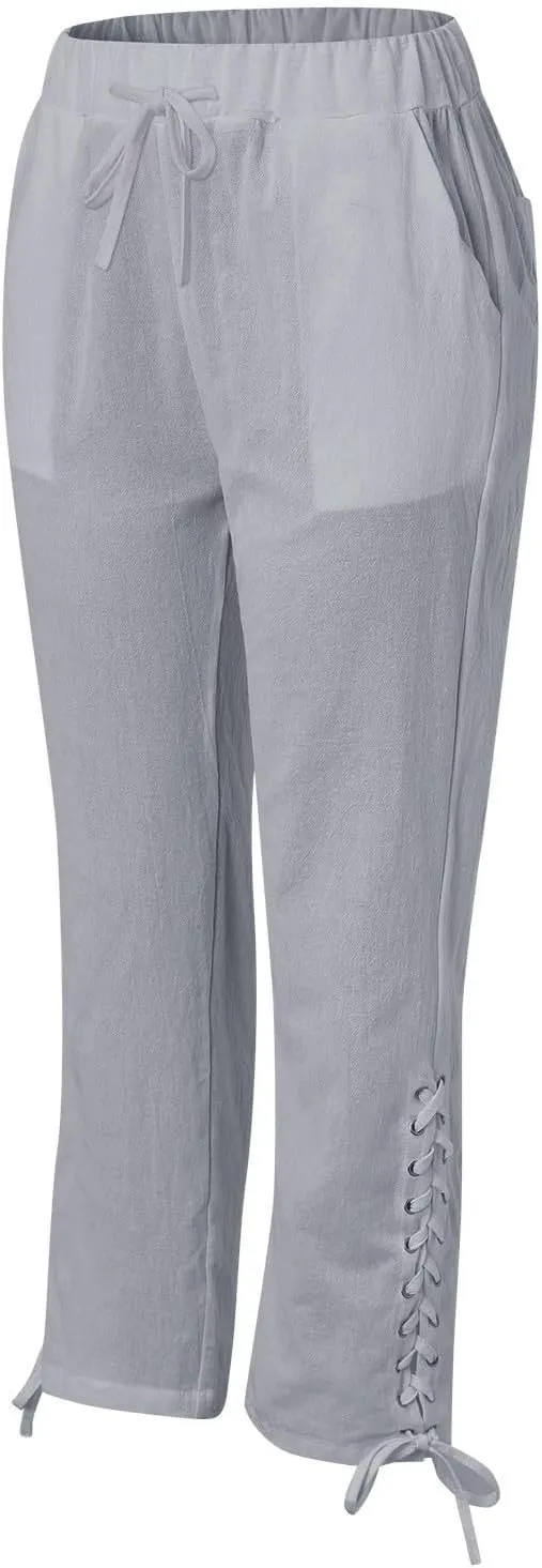 Hawaii Beach Pants for Women Casual Elastic High Waist Drawstring Pants Tropical Solid Color Summer Linen Trousers