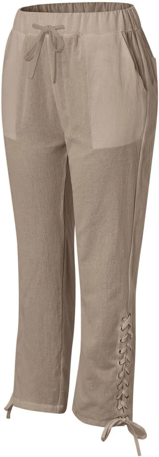 Hawaii Beach Pants for Women Casual Elastic High Waist Drawstring Pants Tropical Solid Color Summer Linen Trousers