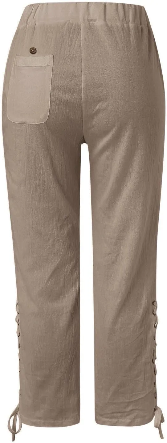 Hawaii Beach Pants for Women Casual Elastic High Waist Drawstring Pants Tropical Solid Color Summer Linen Trousers