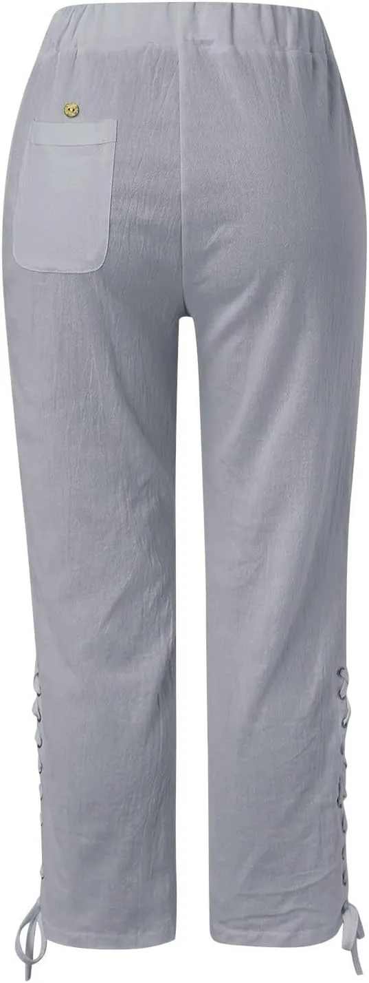 Hawaii Beach Pants for Women Casual Elastic High Waist Drawstring Pants Tropical Solid Color Summer Linen Trousers