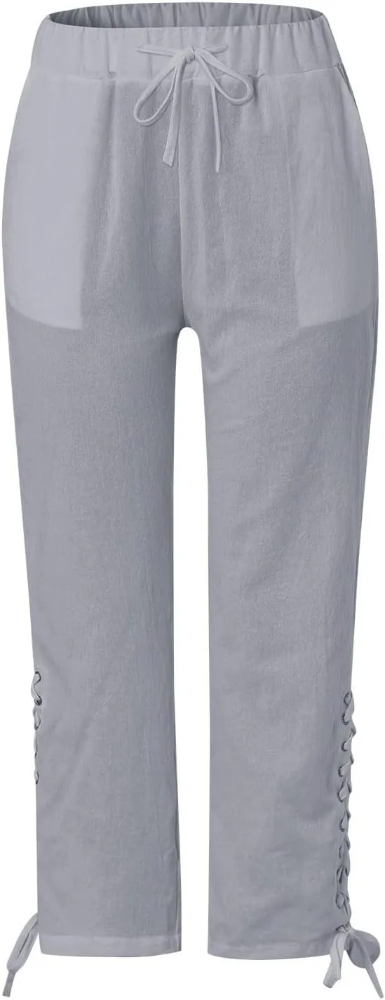 Hawaii Beach Pants for Women Casual Elastic High Waist Drawstring Pants Tropical Solid Color Summer Linen Trousers
