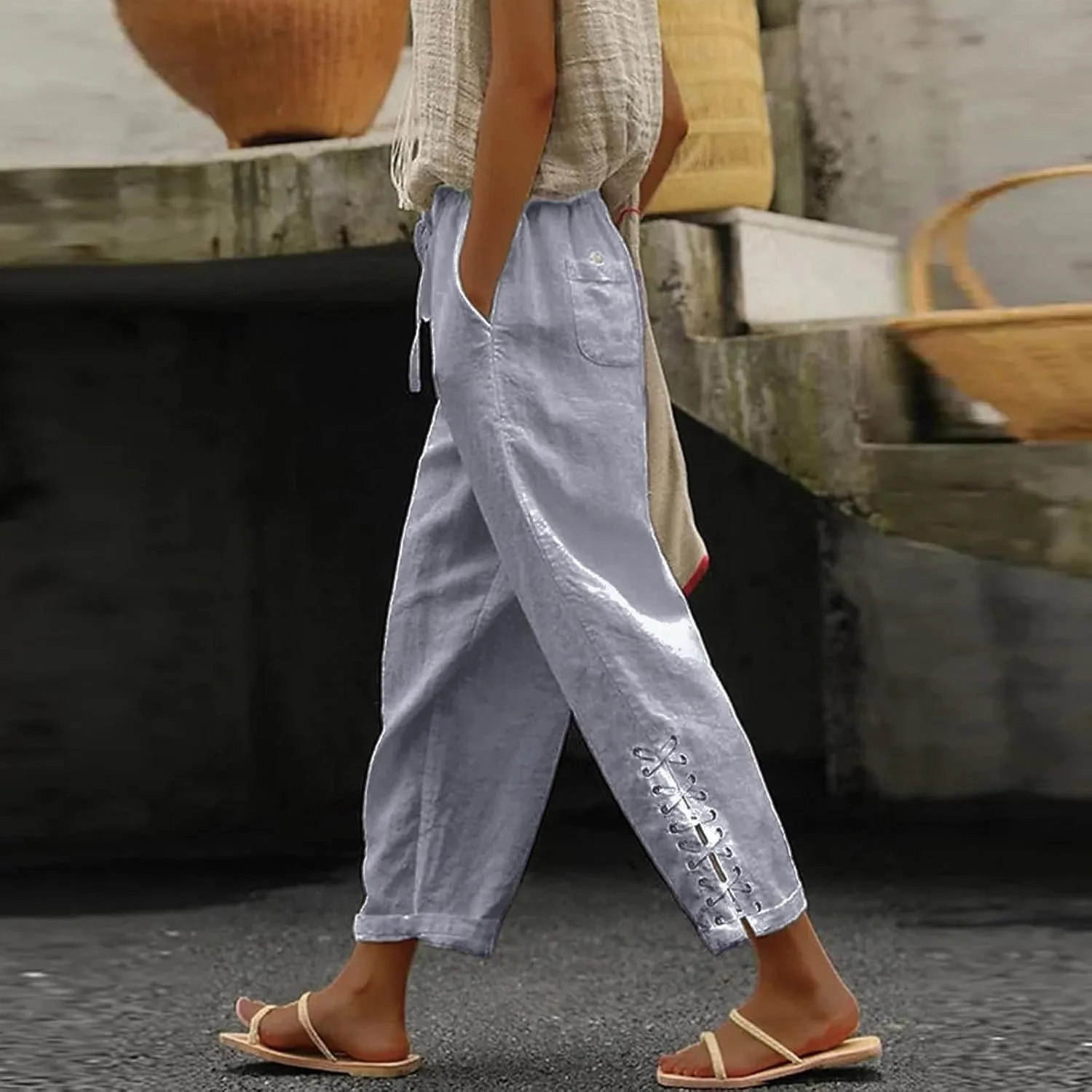 Hawaii Beach Pants for Women Casual Elastic High Waist Drawstring Pants Tropical Solid Color Summer Linen Trousers
